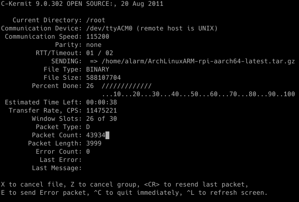 Kermit file transfer to a Raspberry Pi 4 using USB